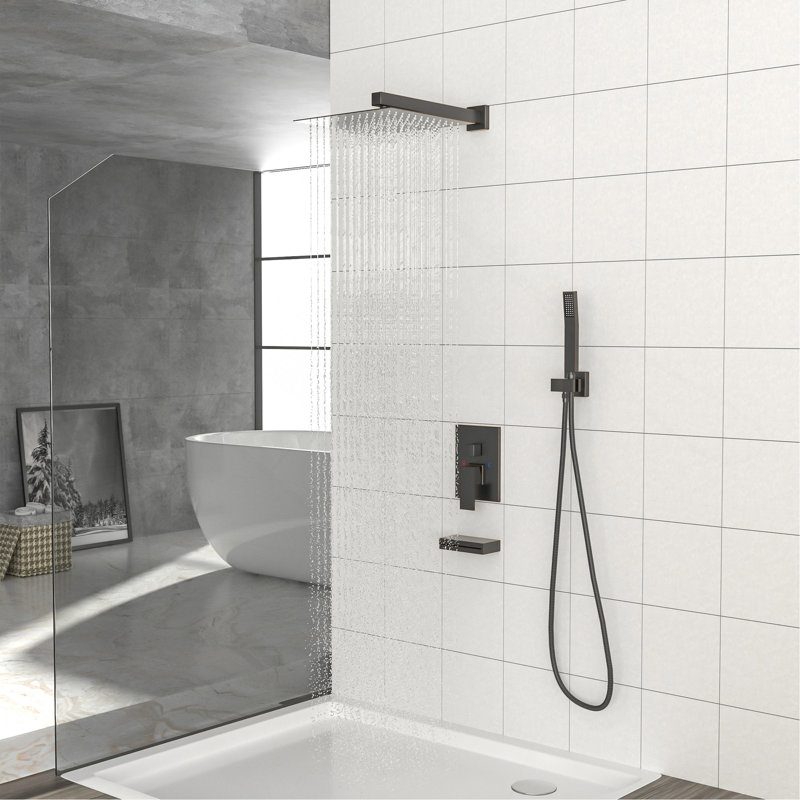 Système de douche avec bec de baignoire en cascade, système de douche carré mural de 12 pouces avec valve brute, bronze huilé