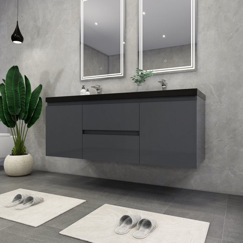 Castin 60" Wall-Mounted Double Bathroom Vanity Set, Glossy Grey