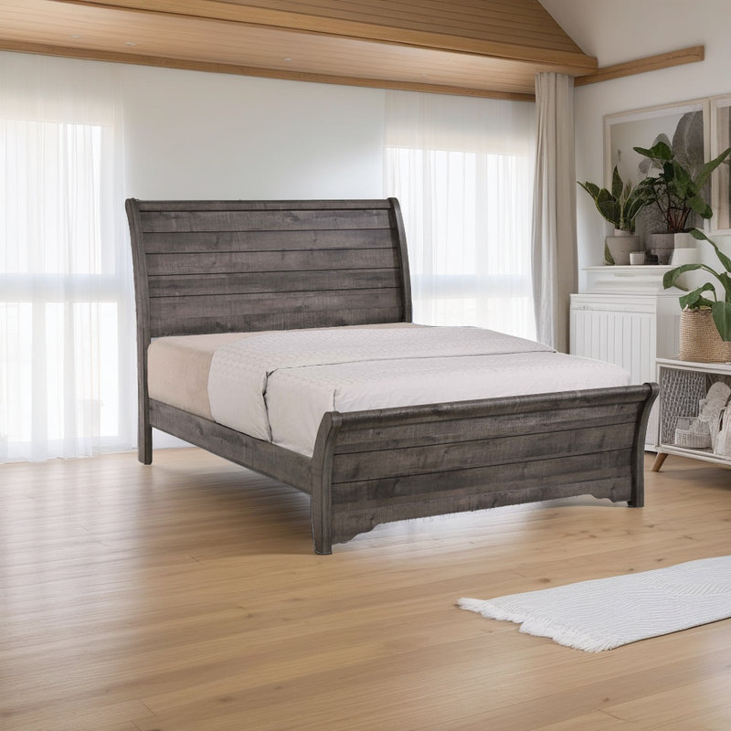 Platform Bed with Curved Headboard and Bracket Feet, Queen Size, Gray