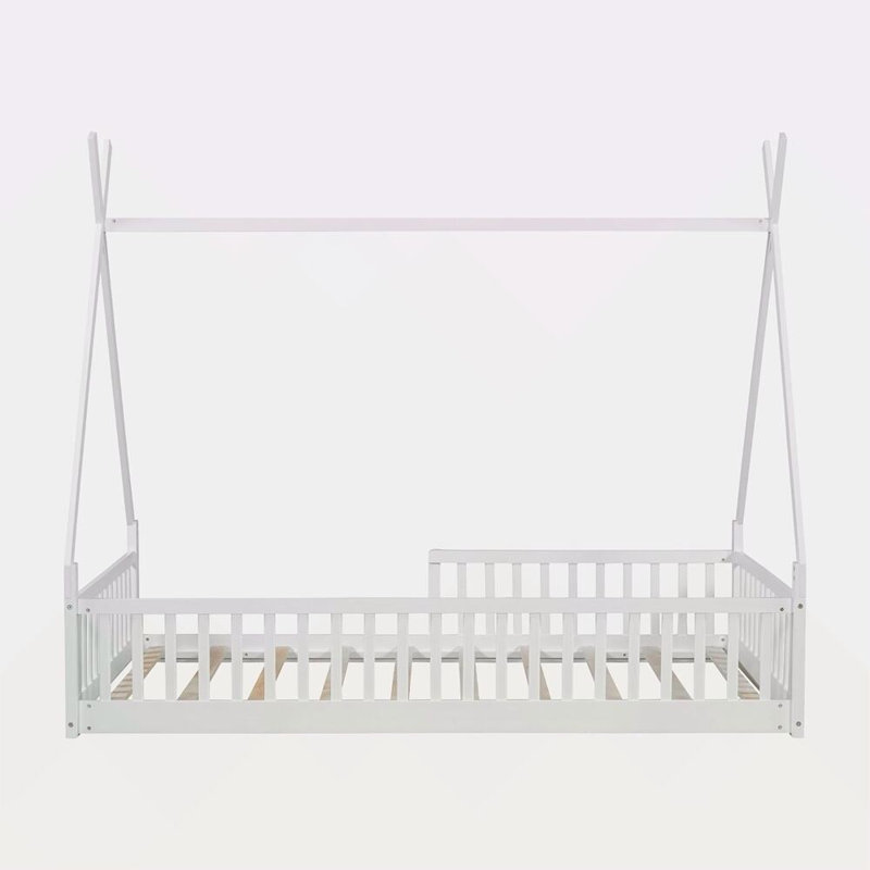 Lit maison en bois avec clôture Kitzie, Blanc