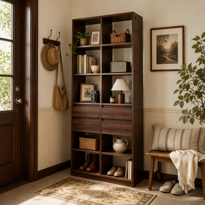 Open Cubby Bookcase with 4 Storage Drawers, Tall Freestanding Display Shelving Unit, Modern Storage Cabinet for Living Room, Bedroom & Office