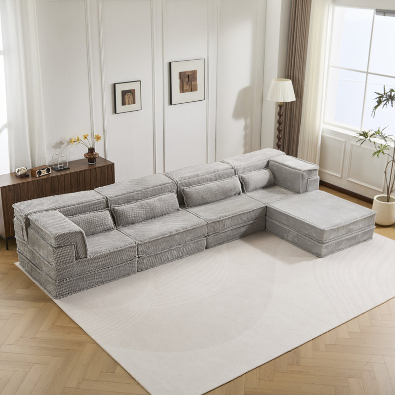 Canapé d'angle modulaire Mahjong gris, 4 places, 1 fauteuil, mousse à mémoire de forme haute densité, confortable et adapté aux animaux de compagnie, pour différentes pièces.