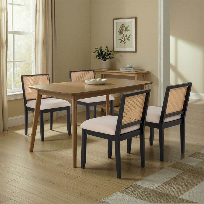 19.6" Wide Side Chair Modern Solid Wood Dining Chair with Rattan Backrest, Black