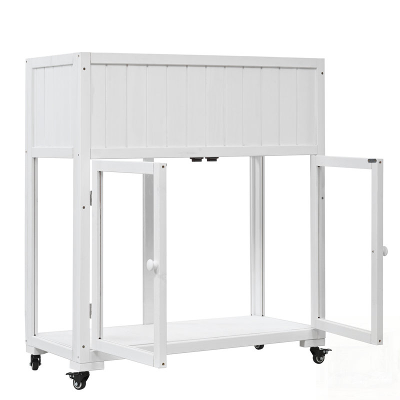 Banc de rempotage en bois avec 2 portes et roulettes, Blanc