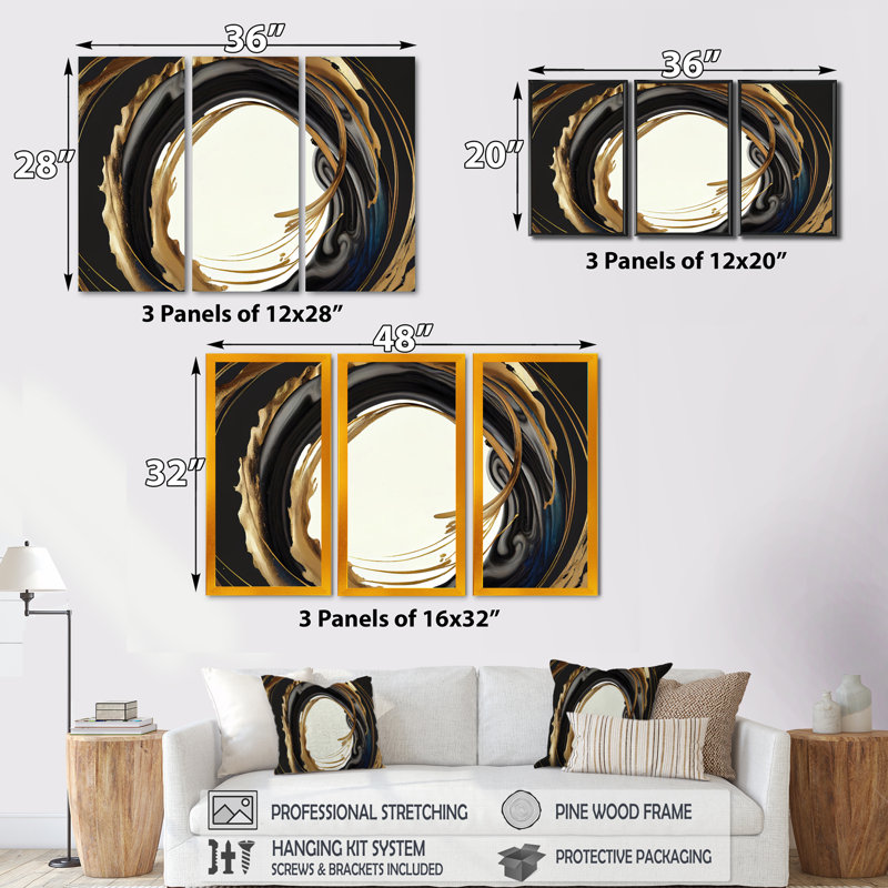 Cercle noir et or III - ensemble d'art mural moderne sur toile, H 28 po x l 36 po x P 1 po, Encadrement doré