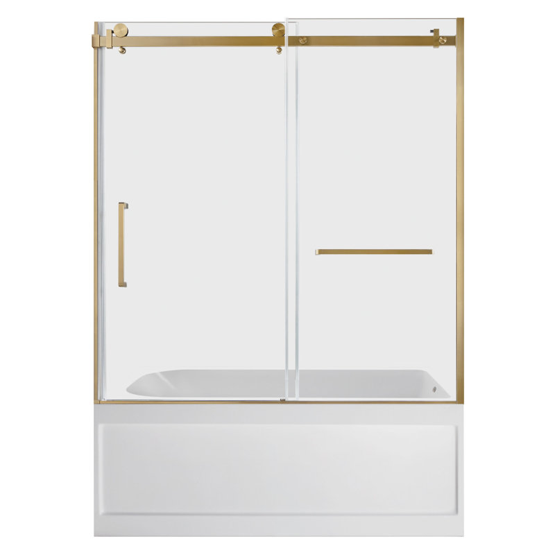 Kingston Brass 60-Inch Acrylic Rectangular 3-Wall Anti-Skid Alcove Tub With Tub Door, Drain, Brushed Brass, Right