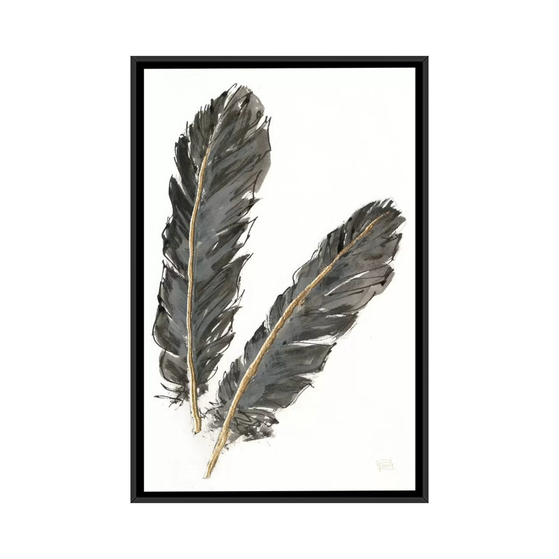 Plumes d'or IV sur blanc, reproduction d'art sur toile tendue, H 26 po x l 18 po x P 1,5 po, Toile encadrée noire