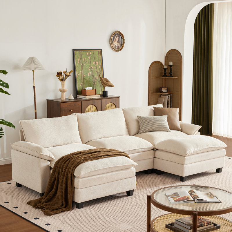 110" Modular Sectional Sofa With Ottomans, U Shaped 5-Seat Comfy Cloud Couches With Deep Seat, Beige, Beige, 5