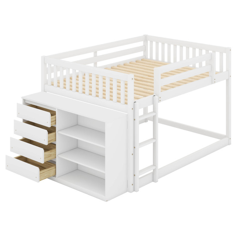 Iveigh Full Over Full Bunk Bed With Storage, Low Bunk Bed Frame With 4 Drawers And 3 Shelves, White