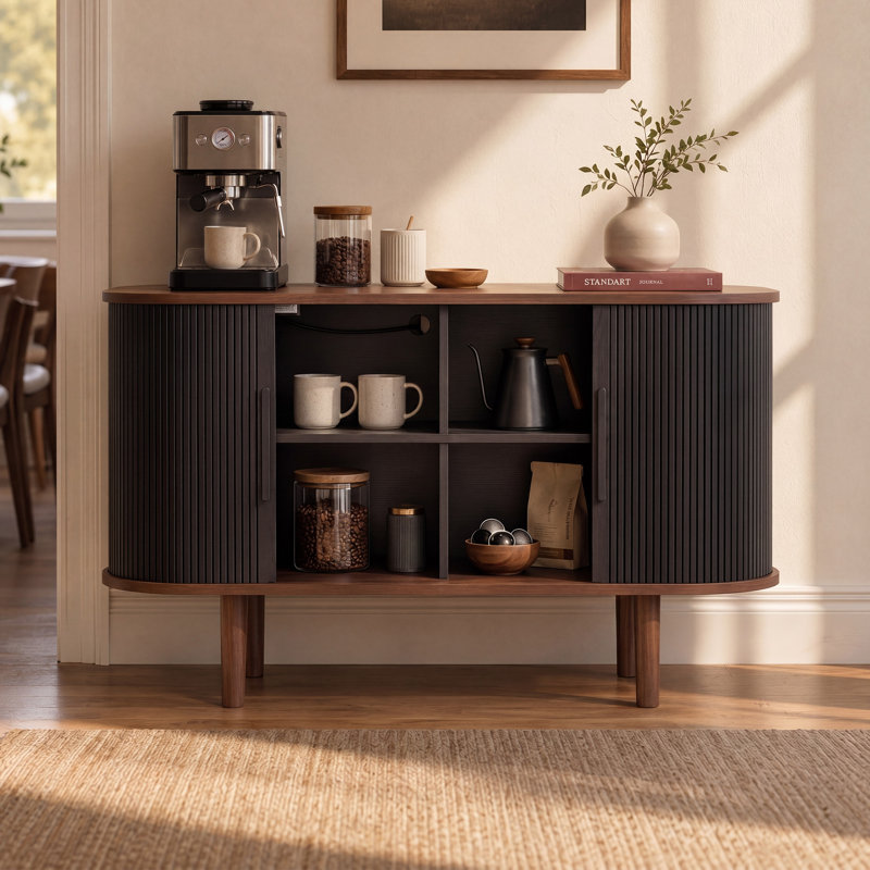 49" Curved Fluted Tambour Sideboard Buffet Cabinet with Built-in Charging Station, Oval Storage Console for Living Room, Dining Room & Entryway