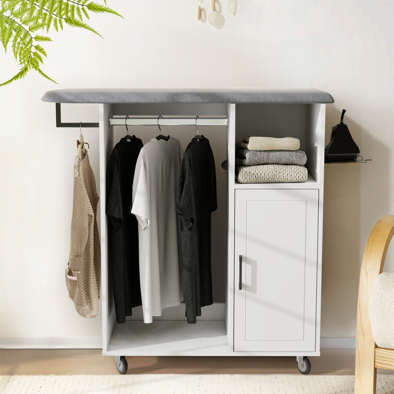 40.5"H White Ironing Cart With Ironing Board Clothes Rods Iron Rack Wheels And Adjustable Shelf