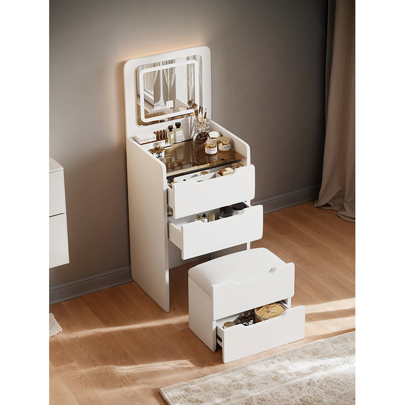 Meuble-lavabo 3 en 1 avec miroir à plateau rabattable, petit ensemble de coiffeuse avec dessus en verre visible