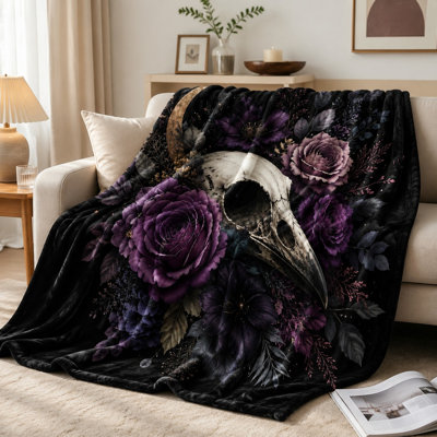 Gothic Raven Skull Floral Blanket, Dark Academia Aesthetic Throw for Sofa Couch Bedroom Living Room Home Decoration
