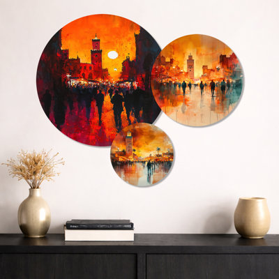 Ensemble de 3 panneaux décoratifs en métal Orange Market Marrakech I Night Market I