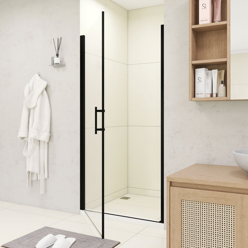 30" W × 72" H Pivot Shower Door – 1/4"(6Mm) Tempered Glass With Explosion-Proof Film, Stainless Steel Handle, Matte Black Aluminum Half Frame, Modern Minimalist Design