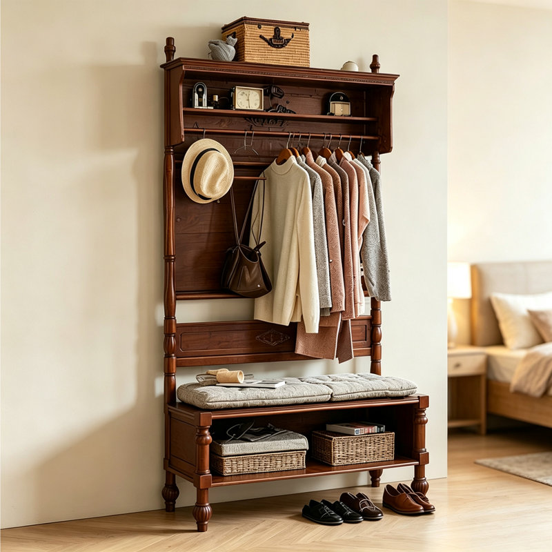 Solid Rubber Wood Entryway Hall Tree