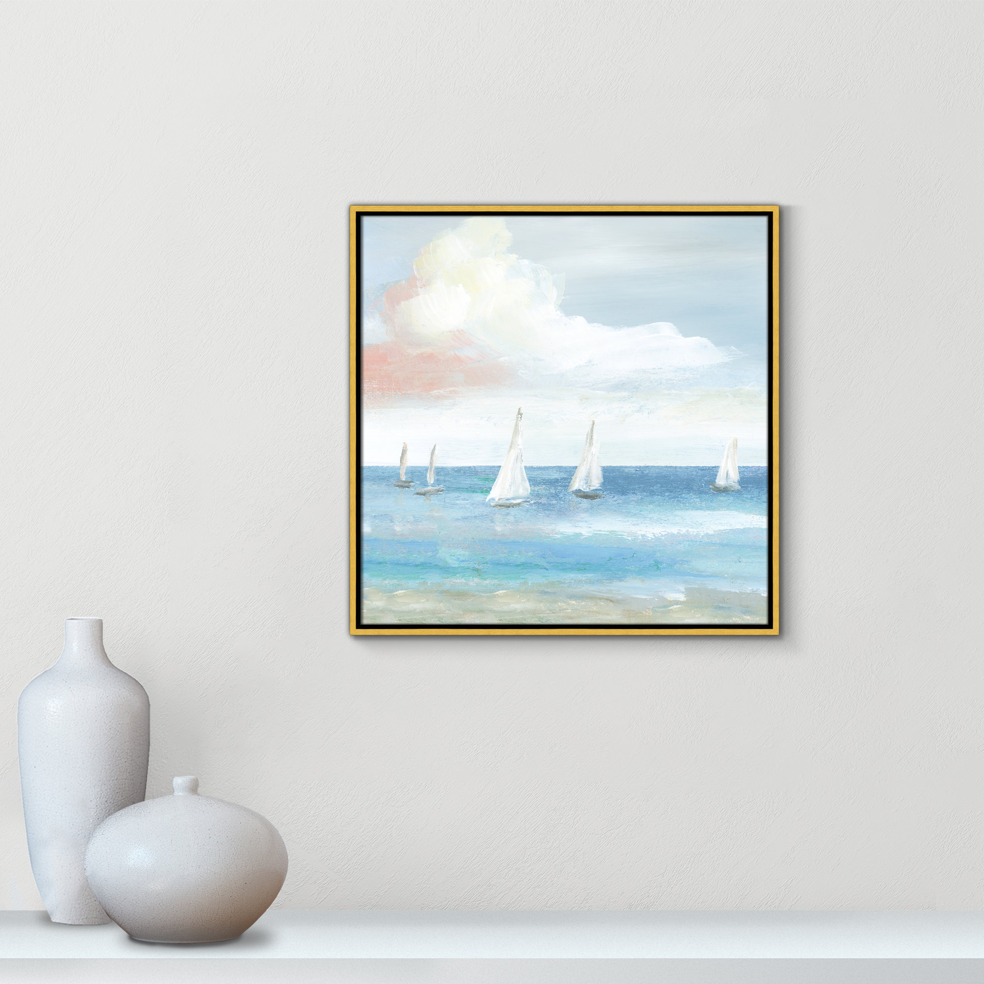 Beach Sail Bliss by Nan - Floater Frame Print on Canvas, Gold, 25.5" H x 25.5" W x 2" D