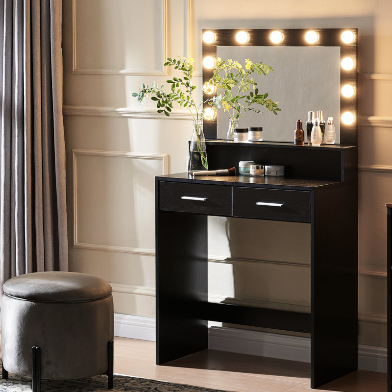 Bureau de meuble-lavabo avec lumières, beaucoup d'espace. Luminosité réglable. Pour grand miroir de chambre à coucher et rangement spacieux. Meubles