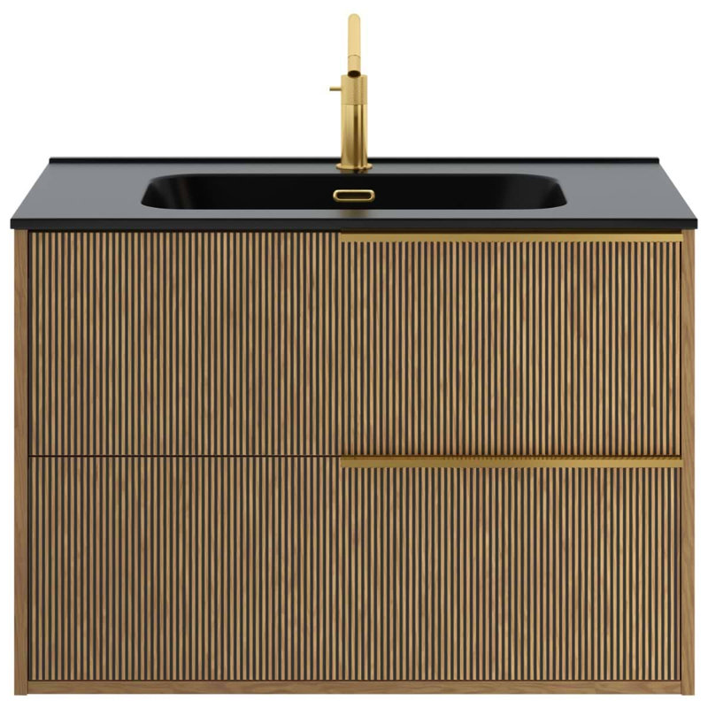 Kora Art 40" Fluted Wall-Mounted Single Bathroom Vanity with Integrated Ceramic Top & Handles, Gold, 32"