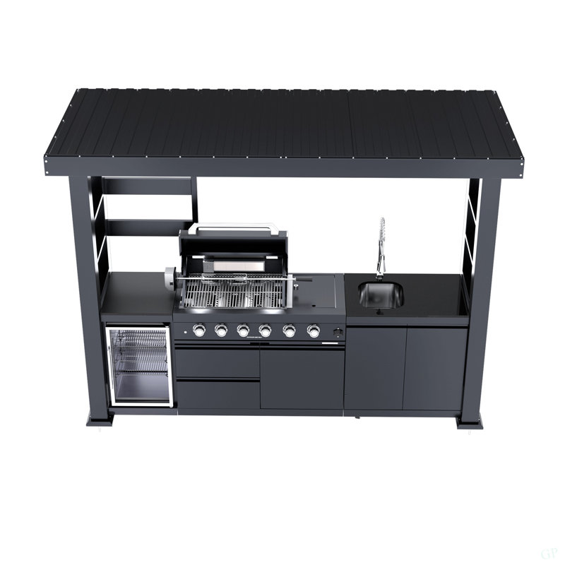 110-Inch 4-Burner 72000 BTU Deluxe Stainless Steel Gas Outdoor Kitchen Bar Barbecue Island Grill  + Wine Cooler Compact Refrigerator + Rotisserie + Granite Countertops + Storage Cabinets & Drawers