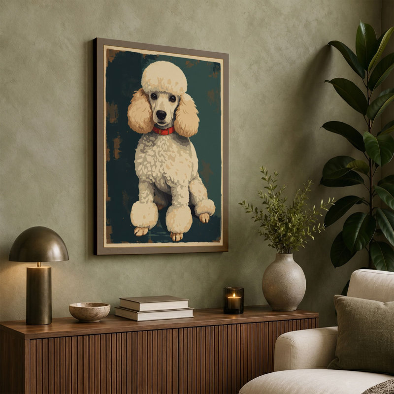 Show Poodle Portrait Japandi - Wrapped Canvas, 18x12 - 45.7 x 30.5 cm, Teal Border