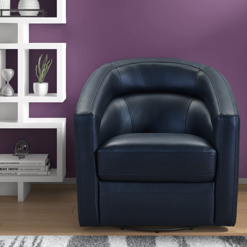 Dehaven Upholstered Swivel Barrel Chair, Black Genuine Leather