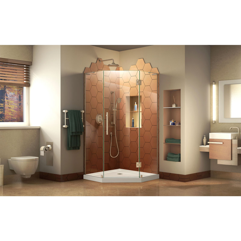 Prism Plus 40" W x 40" D x 74.75" H Frameless Neo-angle Hinged Shower Enclosure with Base Included, Brushed Nickel/White