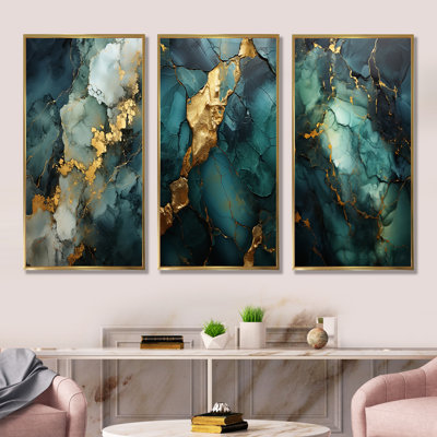 Or et vert, marbre abstrait I, ensemble de 3 reproductions d'art sur toile