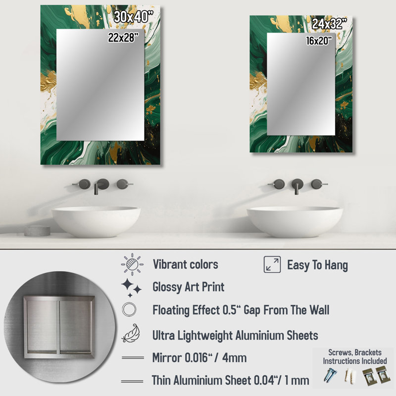 Green and Gold Liquid Magic I - Abstract Mirror, Modern Unique Wall Mirror, Printed Metal Art, 40" x 30"