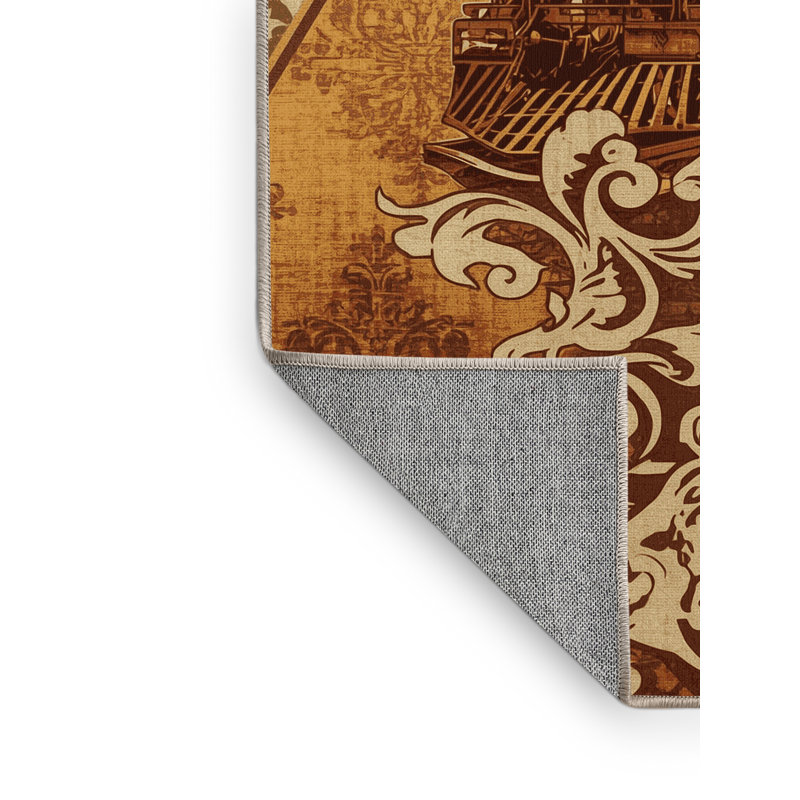 Machine Washable Maurice Vintage Passenger Train Vintage Damask Rug in Brown – Beige Binding, 8x10