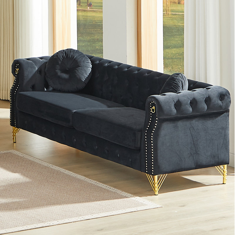Canapé Chesterfield à accoudoirs roulés de 82 pouces avec deux coussins, Black