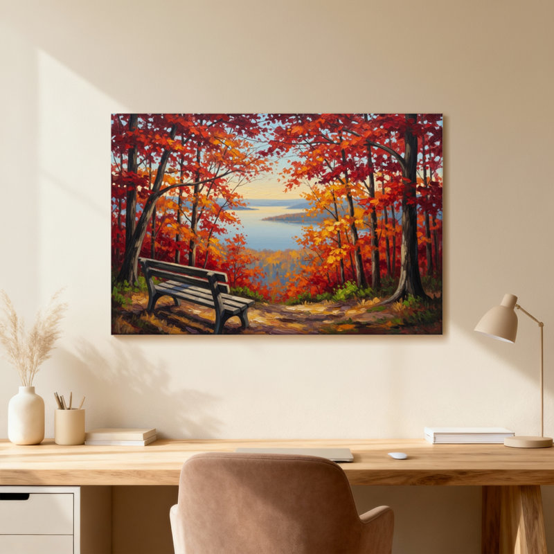 Plantes et fleurs, forêt d'automne, banc, vue sur le lac, peinture, H 20 po x l 30 po, Toile tendue, Ne s’applique pas