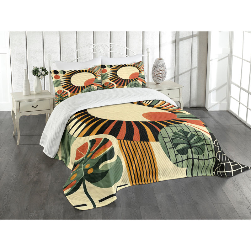 King Size Beige Burnt Orange Black Quilted Bedspread Set