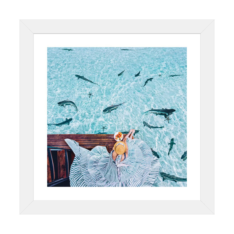 " Breakfast With Sharks " by Hobopeeba, White Framed Paper, White, 16" H x 16" W x 1" D