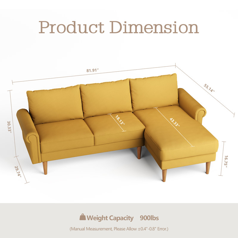Advik 2 - Piece Upholstered Sectional, Yellow, Right Hand Facing