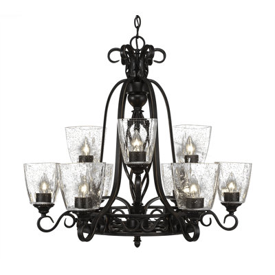 Lustre suspendu 9 lumières Pierro Eleganté, fini granit foncé avec verre carré transparent de 4,5 po