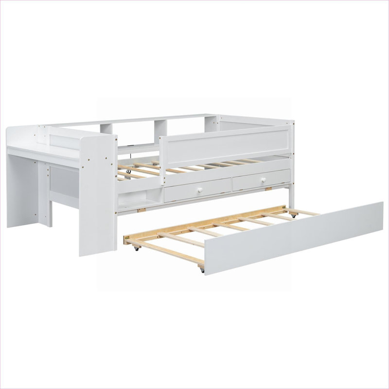 Storage-Focused Twin Size Multi-Function Platform Daybed, Solid Pine Construction, Crisp White With Built-In USB Charging And Desk