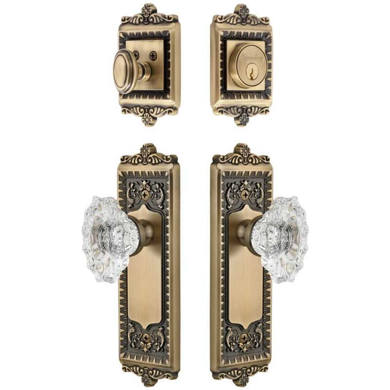 Ensemble de grandes plaques d'entrée Grandeur Windsor avec bouton en cristal Biarritz en nickel poli, 2.75", Nickel poli