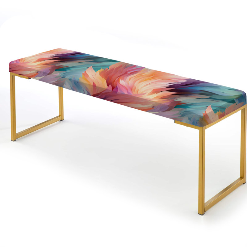 Camouflage Upholstered Gold Bench, Peach And Green Ethereal Ikat Feathers - Abstract