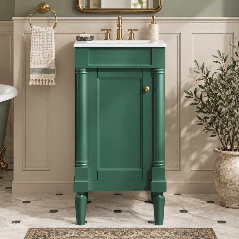 Meuble-lavabo autoportant de 18 po avec comptoir en céramique et tablette réglable, Vert