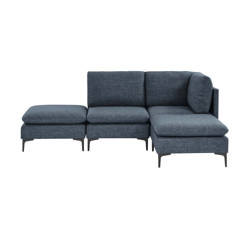 Linen Upholstered Modular Sectional With Metal Legs, Dark Blue