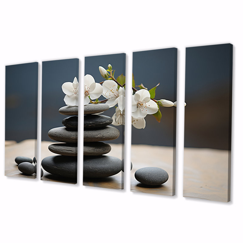 Zen River Stone Magnolias I - salon d'art mural lys - 5 panneaux égaux