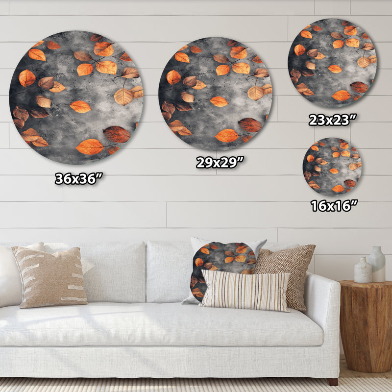 Orange Autumn Leaves I - Traditional Orange Metal Art Print, Leaves Round Metal Wall Art, 36" H x 36" W