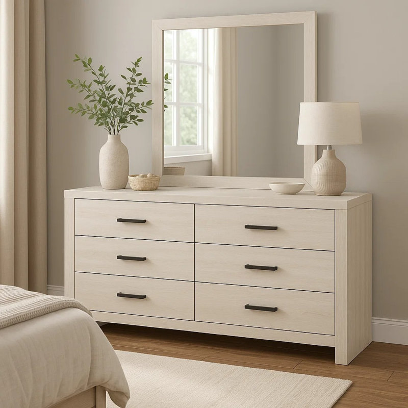 Commode 6 tiroirs avec miroir Coastal White, Blanc