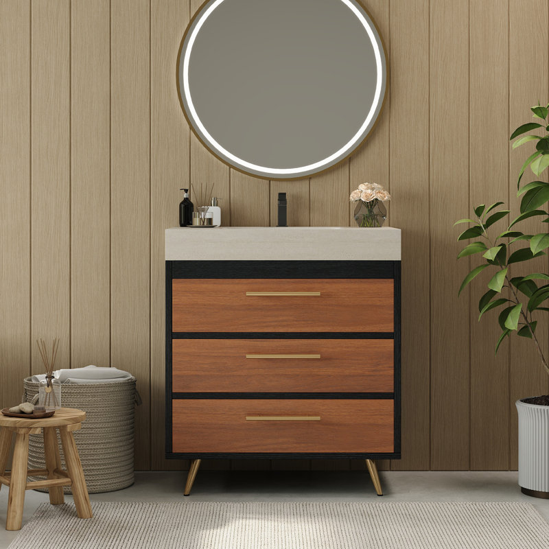  Meuble-lavabo autoportant moderne avec lavabo simple et 3 tiroirs, quincaillerie dorée, noir, gris, noyer, blanc