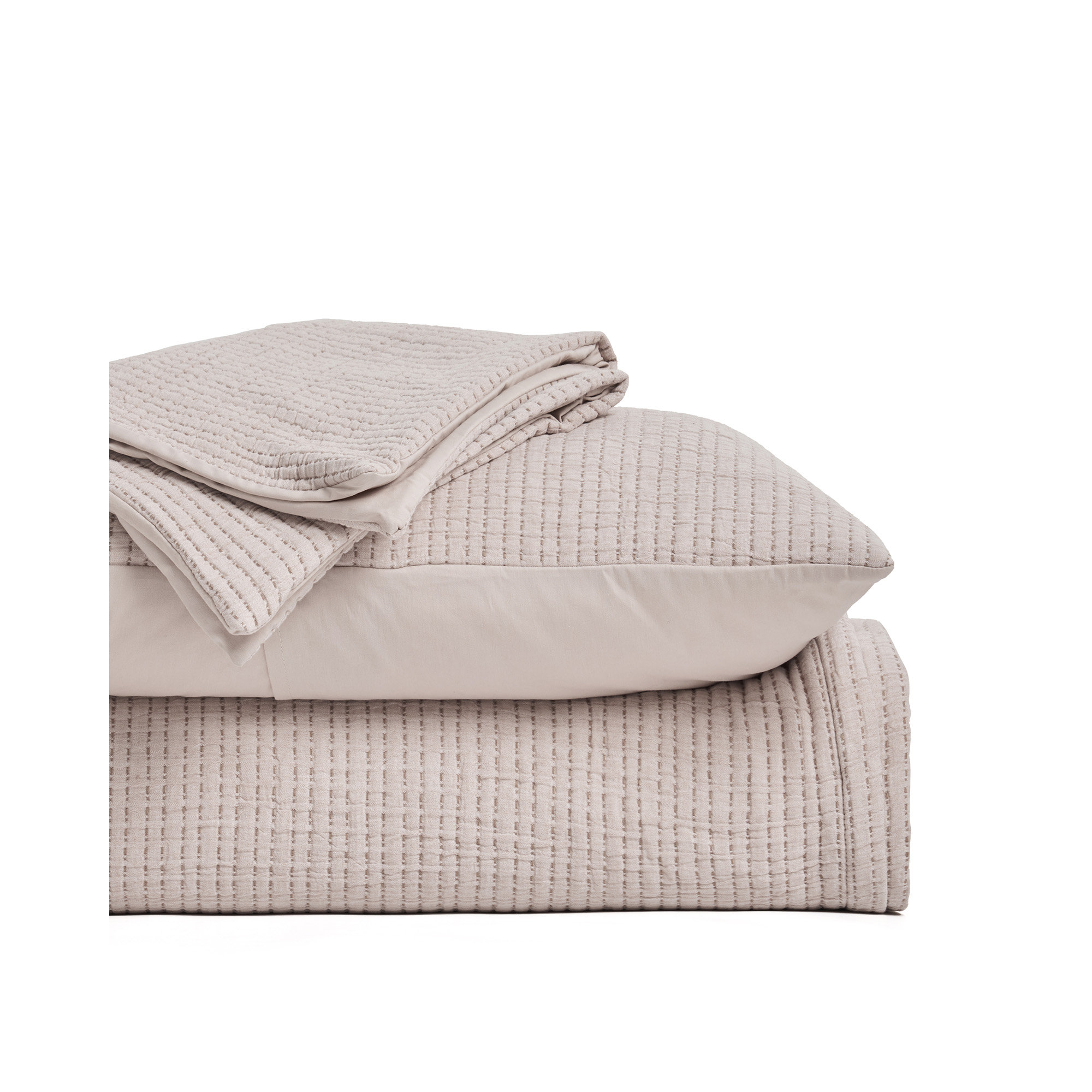 Solid Cotton Gauze Pick-stitch Matelesse Coverlet Bedspread set, Beige/White, Queen Quilt + 2 Queen Shams