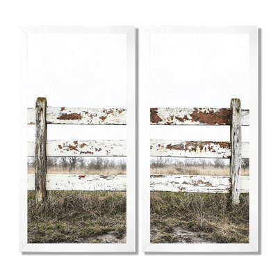 Grey And Brown Farm Landscape Rustic Fence - Farmhouse Framed Wall Art, Gray Farm Set Of 2