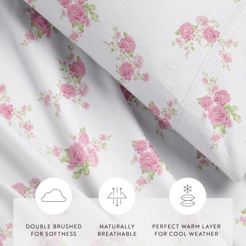 Varkala Riesel Cozy Cotton Flannel Sheet Set - Rose Bunch, Twin Sheet Set, Pink /Roses