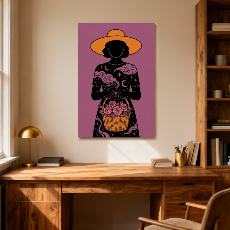 Plantes et fleurs, silhouette d'une femme avec un chapeau et un panier de roses, H 20 po x l 30 po