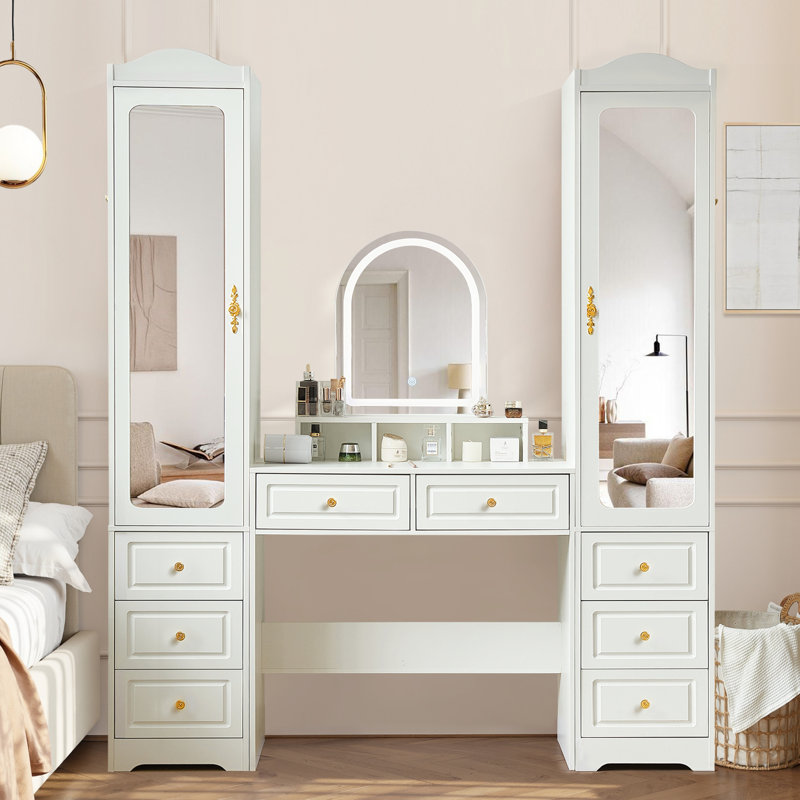 Vanity Desk & 2 Armoire Wardrobe Cabinet With 5 Drawers & 3 Color And Lighting Brightness Adjustable, Dressing Table Set With Mirror And Lights ,white